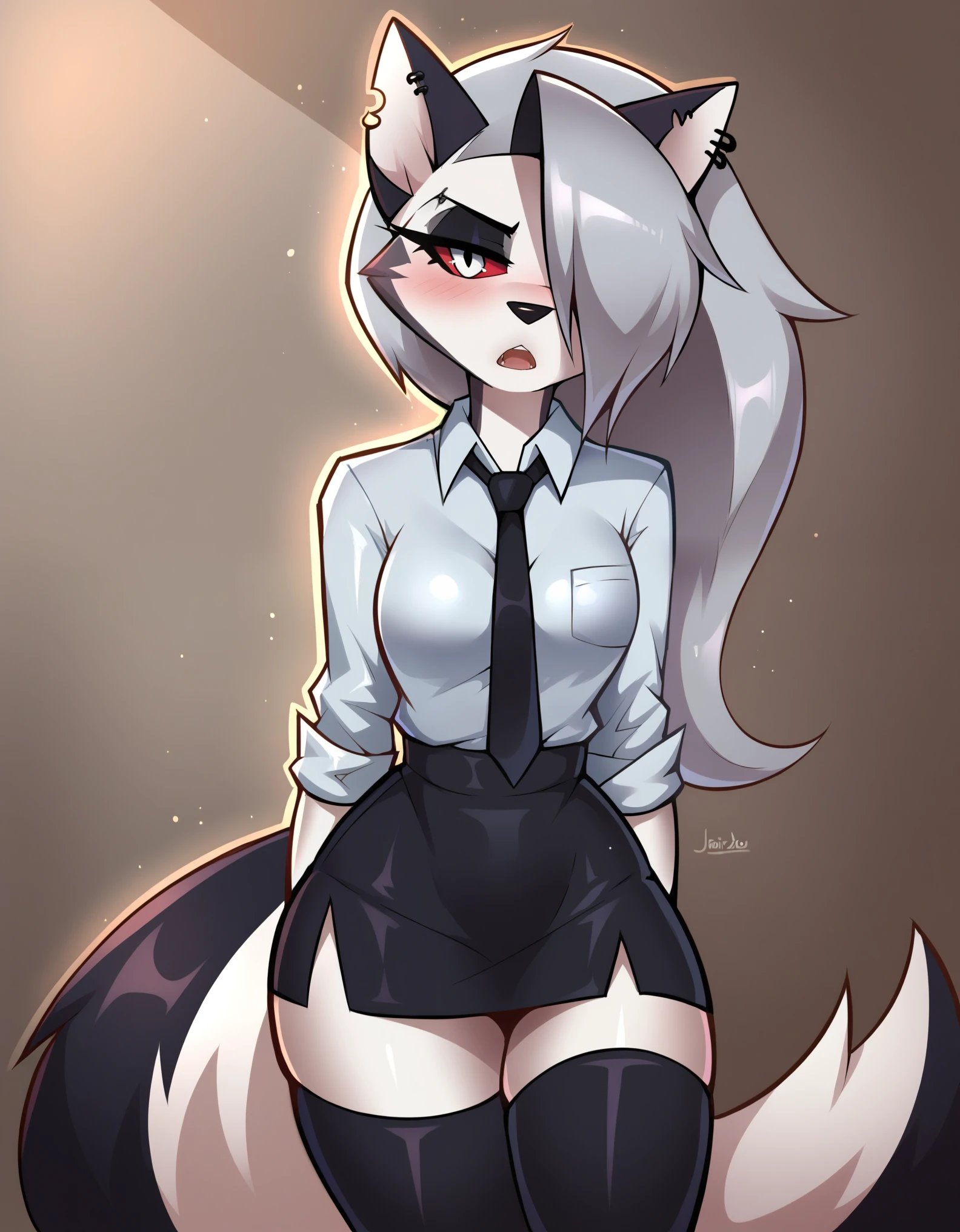 Score_9, Score_8, Score_7, jizoku style, Loona, anthro, 1girl, solo, skirt, thighhighs, necktie, furry, shirt, furry female, black skirt, wolf girl, hair over one eye, collared shirt, black thighhighs, breasts, blush, looking at viewer, open mouth, cowboy shot, black necktie, piercing, ear piercing, pencil skirt,