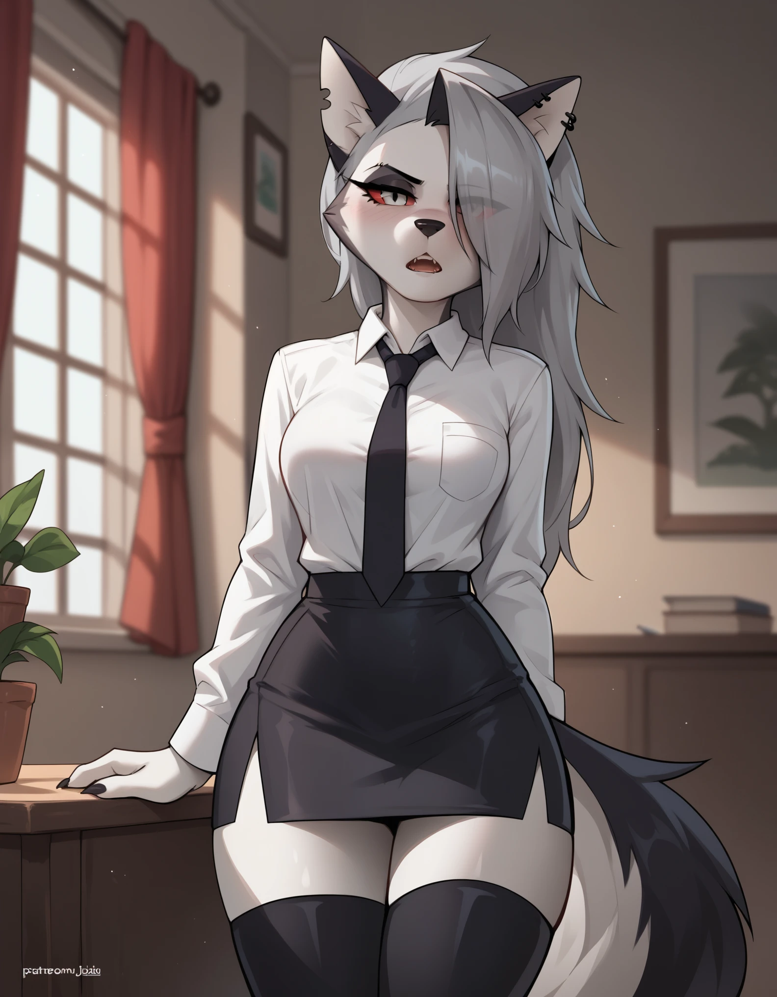 Score_9, Score_8, Score_7, jizoku style, Loona, anthro, 1girl, solo, skirt, thighhighs, necktie, furry, shirt, furry female, black skirt, wolf girl, hair over one eye, collared shirt, black thighhighs, breasts, blush, looking at viewer, open mouth, cowboy shot, black necktie, piercing, ear piercing, pencil skirt,