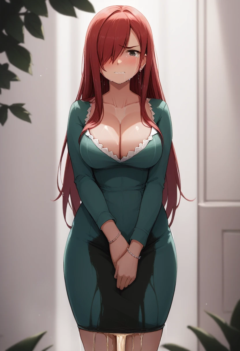 (high quality,Very detailed:1.37, High resolution), 2d, anime, anime style, anime source, Woman, Erza, red hair, dress, long dress, tight dress, cleavage, hair over one eye, large breasts, long hair, looking at viewer, brown eyes, masterpiece, best quality, (wetting herself:2.0), embarrassed, humiliation, blushing, standing