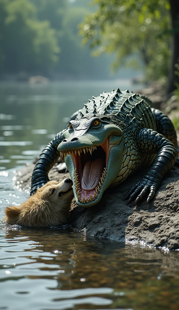 a large alligator is fucking a small dog cub on a riverbed, river, forest, feral, animal penis, tapering penis, (((duo, anal sex, anal penetration, size difference, ridiculous fit, large penetration, big penis, chair position, urine, stomach bulge, deep penetration, hyper stomach bulge, hyper penetration, prolapsed anus, hyper threading, in mouth, oral, all the way through, tapering penis protruding from mouth)))