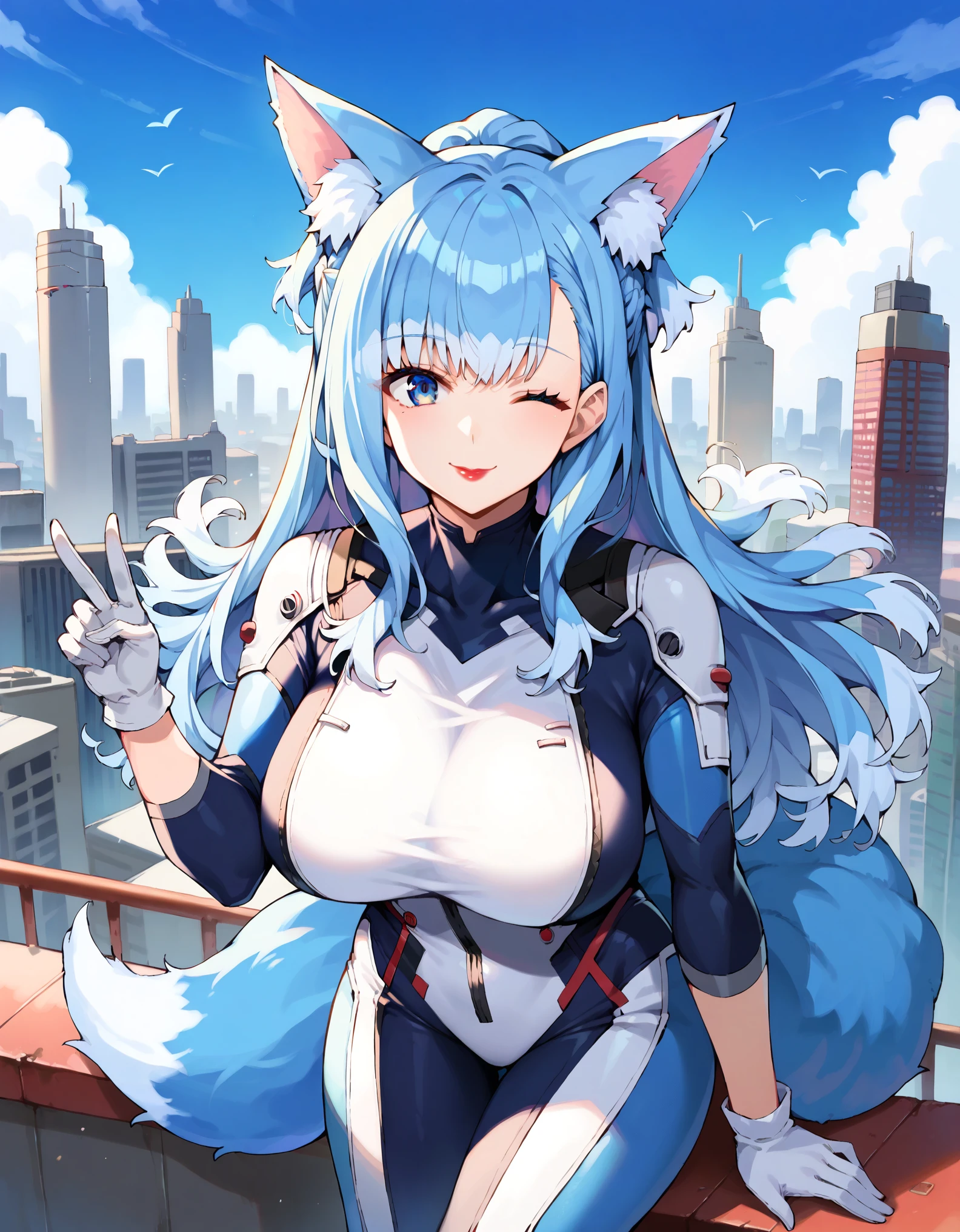 masterpiece, score_9, score_8_up, score_7_up, source_anime, best quality, extremely detailed, 1girl, milf, solo, KoboKanaeru, (huge breasts), ((((blue hair, colored tips, white hair), long hair, bangs, blue eyes, one eye closed, blue fox ears, blue fox tail))), red lips, (((blue plugsuit, white gloves))), ((light smile), closed mouth), ((peace sign, rooftop, futuristic cityscape)) 