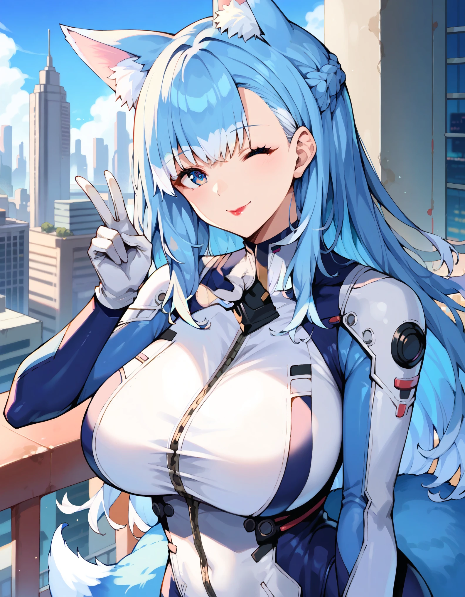 masterpiece, score_9, score_8_up, score_7_up, source_anime, best quality, extremely detailed, 1girl, milf, solo, KoboKanaeru, (huge breasts), ((((blue hair, colored tips, white hair), long hair, bangs, blue eyes, one eye closed, blue fox ears, blue fox tail))), red lips, (((blue plugsuit, white gloves))), ((light smile), closed mouth), ((peace sign, rooftop, futuristic cityscape)) 