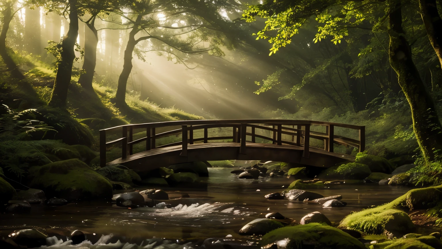 a misty forest, a gentle stream, a wooden footbridge, sunlight piercing through the fog, lush vegetation, serene atmosphere, photorealistic, 8k, masterpiece, cinematic lighting, natural colors, fantasy landscape