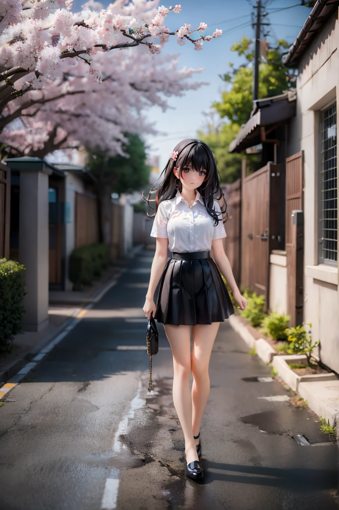 1girl, black skirt, branch, building, chain-link fence, cherry blossoms, fence, long hair, outdoors, petals, pleated skirt, rain, shirt, short sleeves, skirt, solo, standing, tree,
sky,street