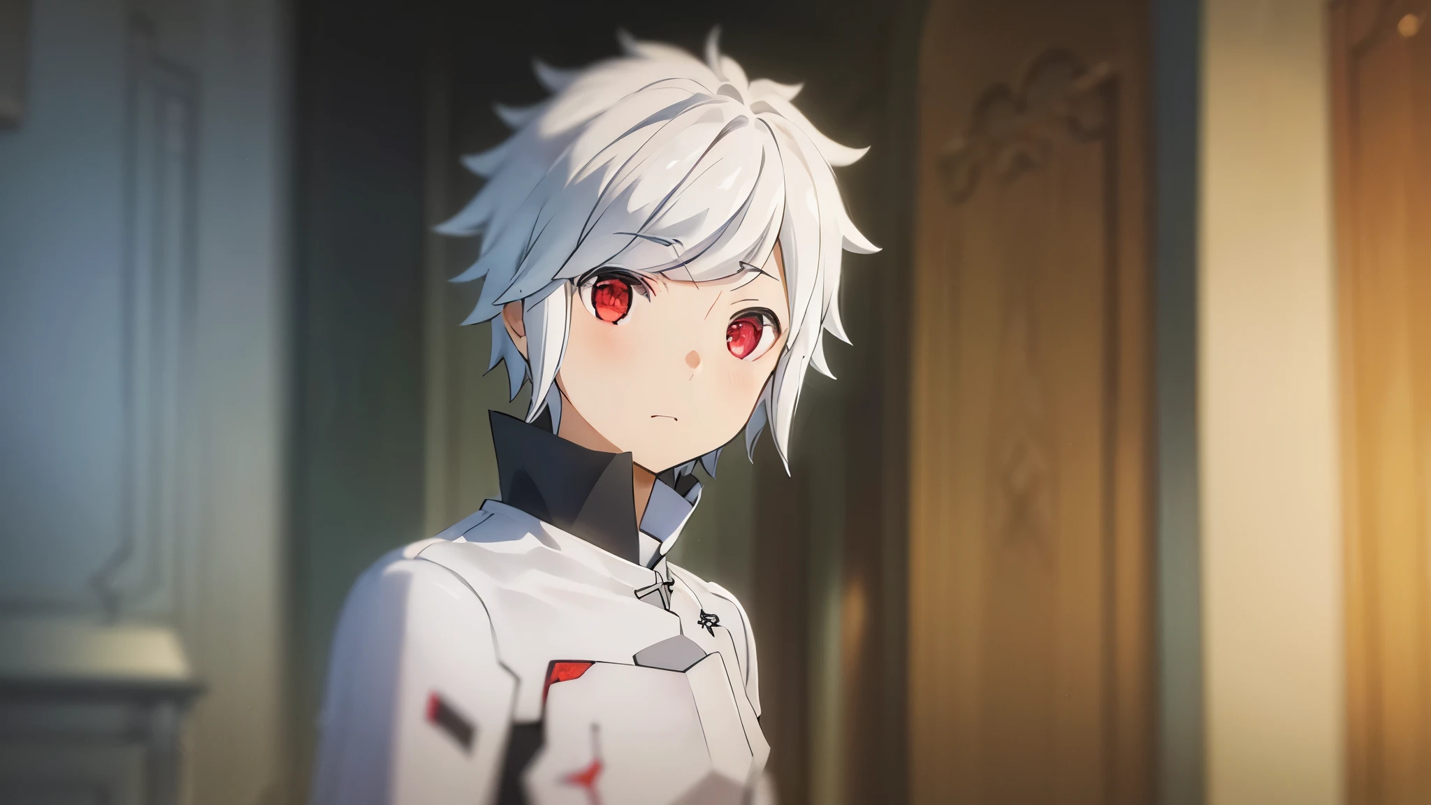 (Best quality:1.1), (masterpiece:1.4), Photorealistic, 1 boy, One, male focus, Looking at the viewer, , depth of field, clear line, , bell_cranelle, White hair, Red eyes, , , Science fiction,