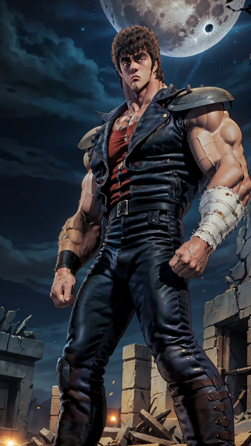 8k images、Realistic、Kenshiro of Fist of the North Star(:1.5)、Muscular、Fearless Face、Bad mood、Clear eyes、look down、Looking down、Blue-black leather jacket、Wear a red undershirt、ruins、strobe、Photograph from the feet up、Fashion model posing、Standing、Intimidation、Giant Moon、Leather boots、Flashy Action、punching pause