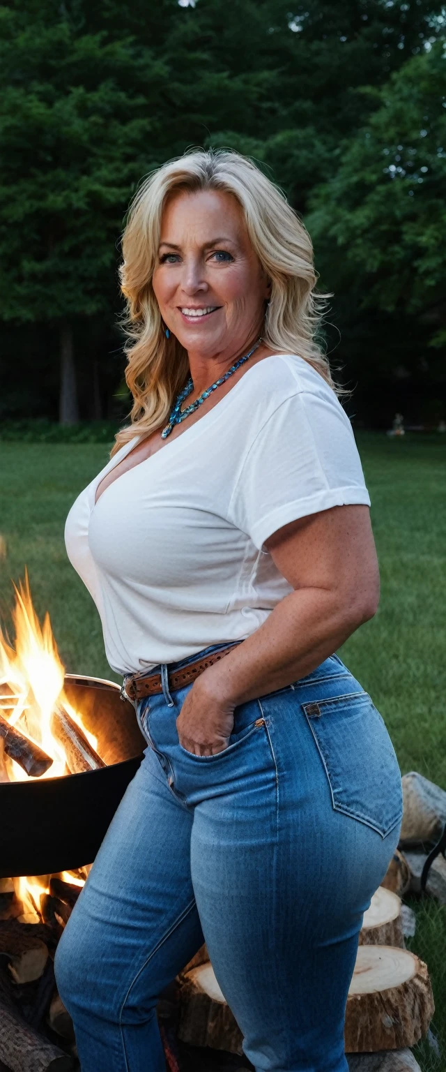 thick BBW woman, 50 years old white american woman, blue eyes, talking with you, night time, Indiana suburbs backyard, summer night, campfire bbq party, white shirt and short jeans, very wide big hips, thick thighs, small waist, voluptuous, Full Body Shot, POV, From Above View, High Angle View, shy, side profile , (extremely large natural saggy breasts with massive cleavage), very wide hips, big thick legs, necklace,,
