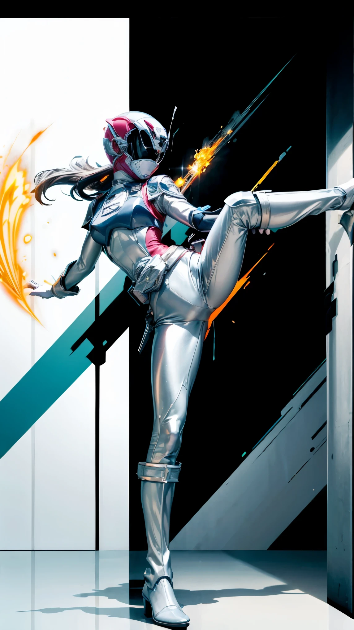 1girl, white, full body, illustration, Cinema-grade lighting, high resolution, best quality, very detailed, Masterpiece, power suit, Power Rangers, suit, speed, (silver royal guard ranger suit), Gold Details, holding white pistol, flow, Light armor,  martial arts, dynamic, flame, particle