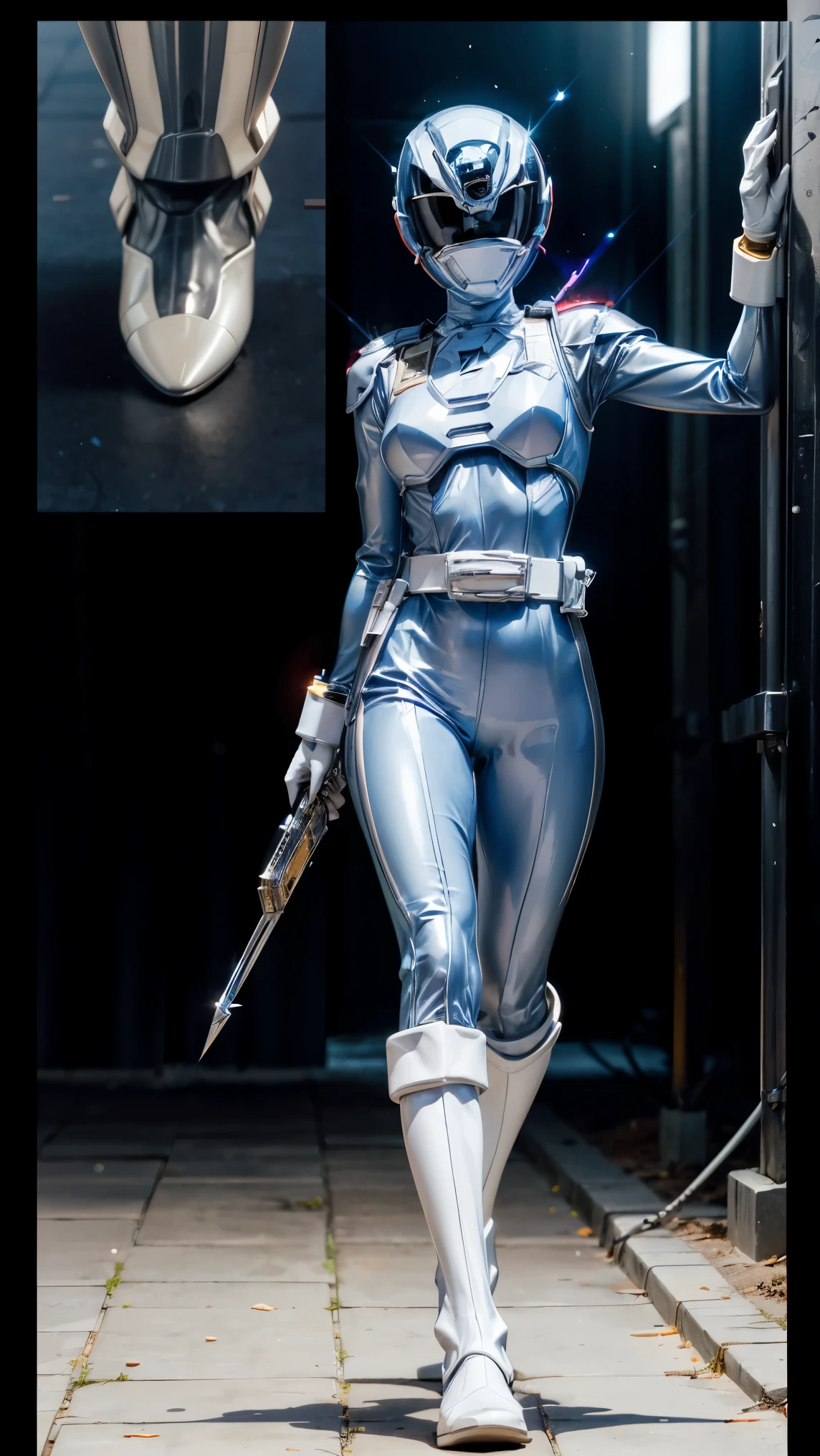 1girl, white, full body, illustration, Cinema-grade lighting, high resolution, best quality, very detailed, Masterpiece, power suit, Power Rangers, suit, speed, (silver royal guard ranger suit), Gold Details, holding white pistol, flow, Light armor,  martial arts, dynamic, flame, particle