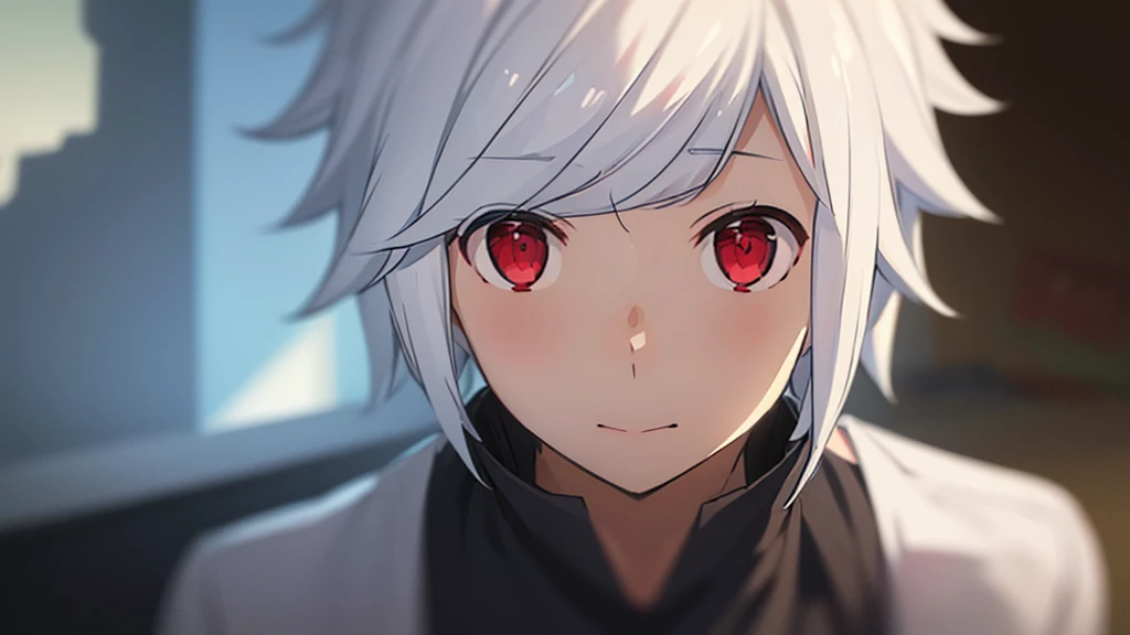 (Best quality:1.1), (masterpiece:1.4), Photorealistic, 1 boy, One, male focus, Looking at the viewer, , depth of field, clear line, , bell_cranelle, White hair, Red eyes, , , Science fiction,