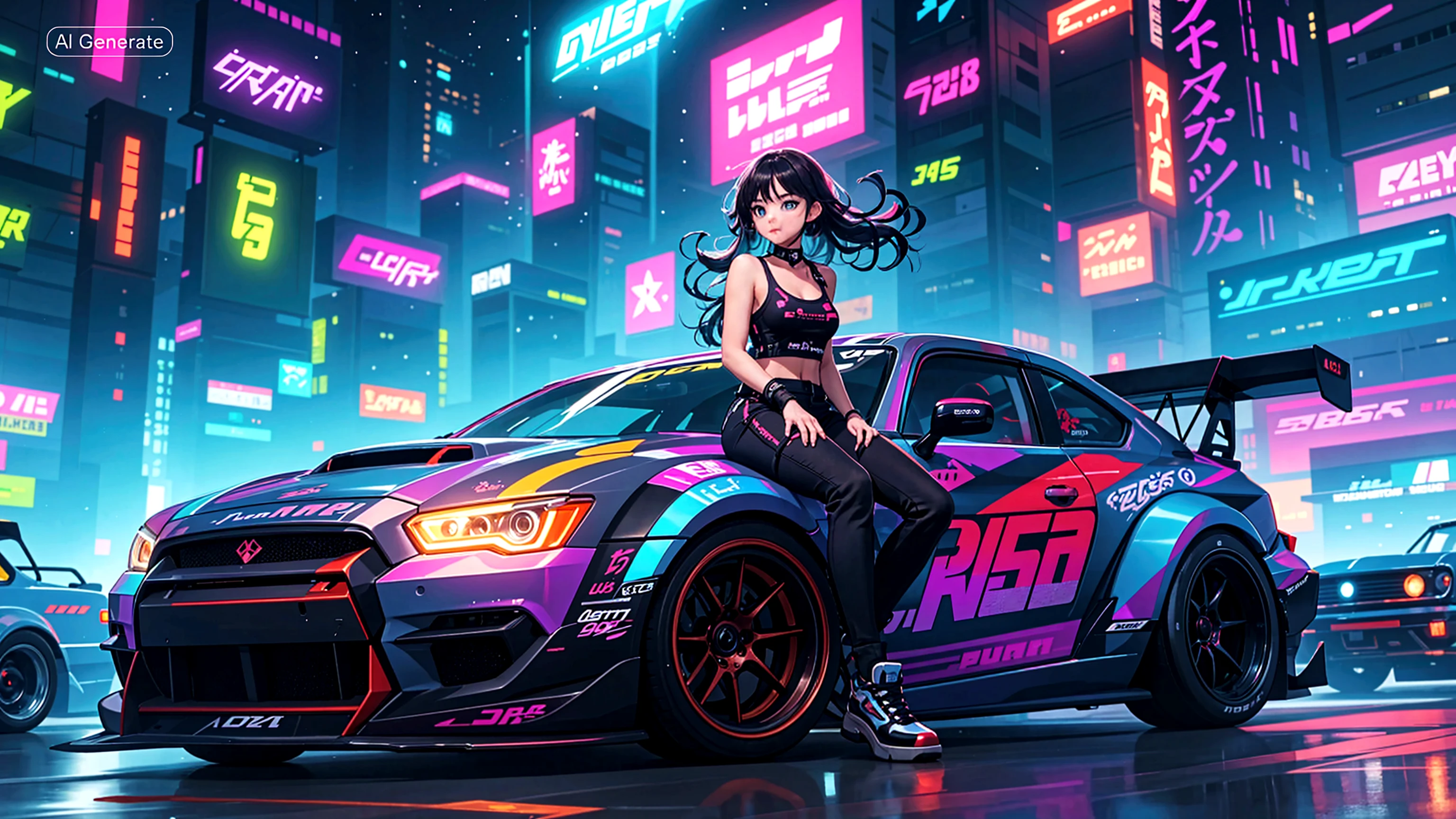 Anime girl sitting on a car in a city at night - SeaArt AI