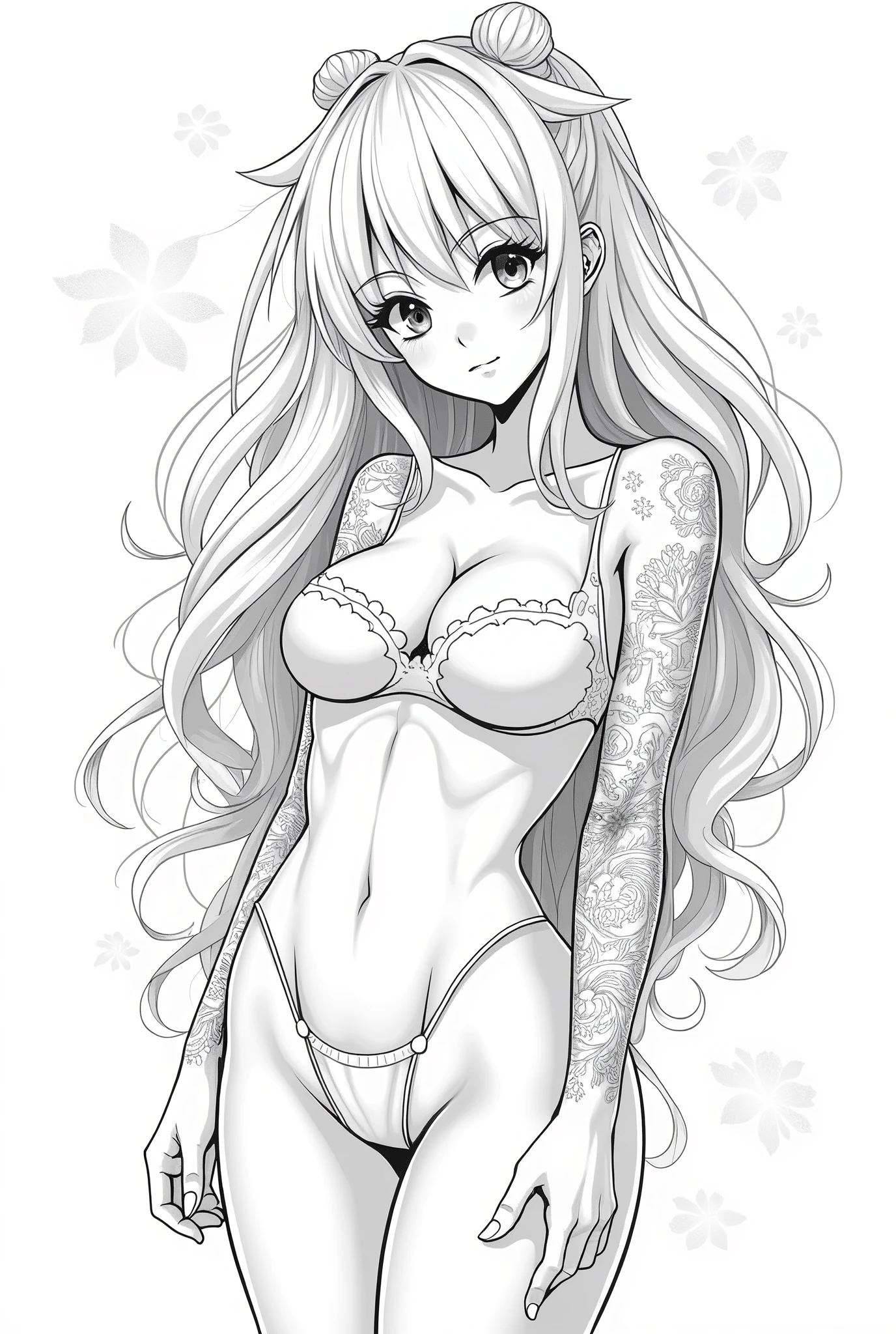 A woman with long white hair, bangs, dark blue eyes, dark gray, gentle face, kind, gentle smile, big breasts, good figure, good figure, about 162 centimeters tall, very sexually aroused, anime line drawing.