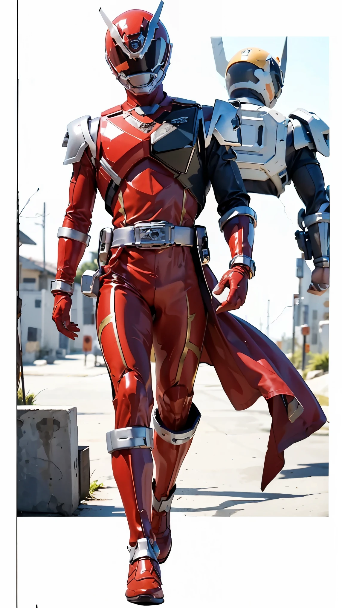 1boy, white, full body, Illustration, cinematic light, high resolution, best quality, ultra detailed, masterpiece, power suit, powerranger, suit, spd, (silver royal guard ranger suit), gold detail,