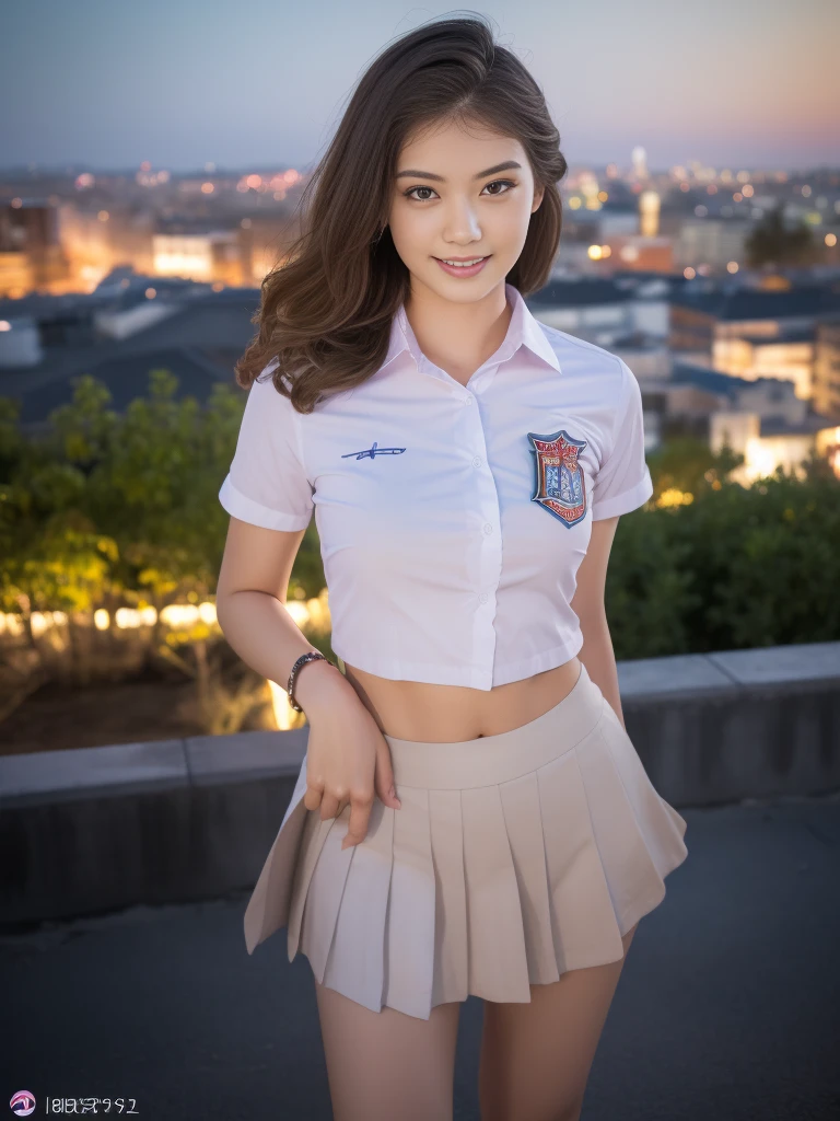 1girl, 1 girl, (uniform), standing, outdoors, night view, detailed Metropolitan city at the background, (Overhead view:1.35), (zoom out: 1.1), detailed face, cute little smile, detailed eyes, medium thick breasts, six pack abs, smooth realistic skin, semi-curvy body, white shirt, grey blue short skirt, looking at the audience, (8k, RAW photo, best quality, masterpiece: 1.3), (realistic, realistic: 1.37), ultra-high resolution