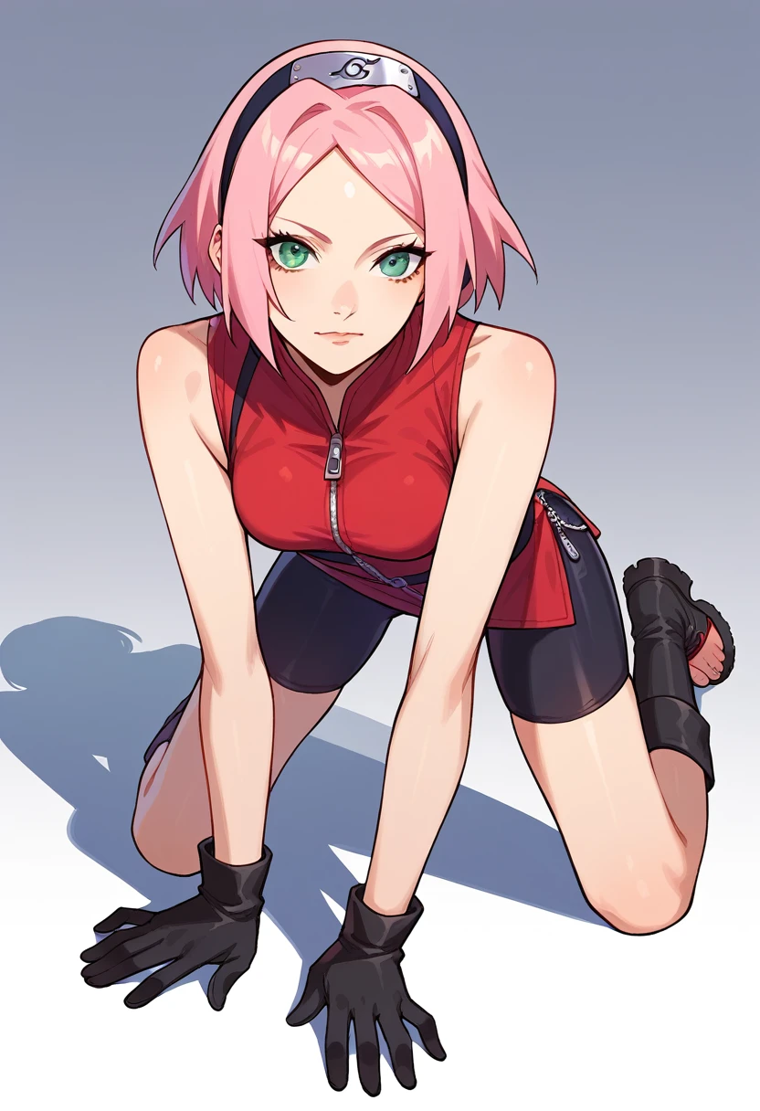 sakura haruno, short hair, green eyes, pink hair, parted bangs, hairband, forehead protector, gloves, green eyes, sleeveless, black gloves, red shirt, zipper, boots, bike shorts, zipper, toeless footwear, slender-body, thin. sexy, on all fours.