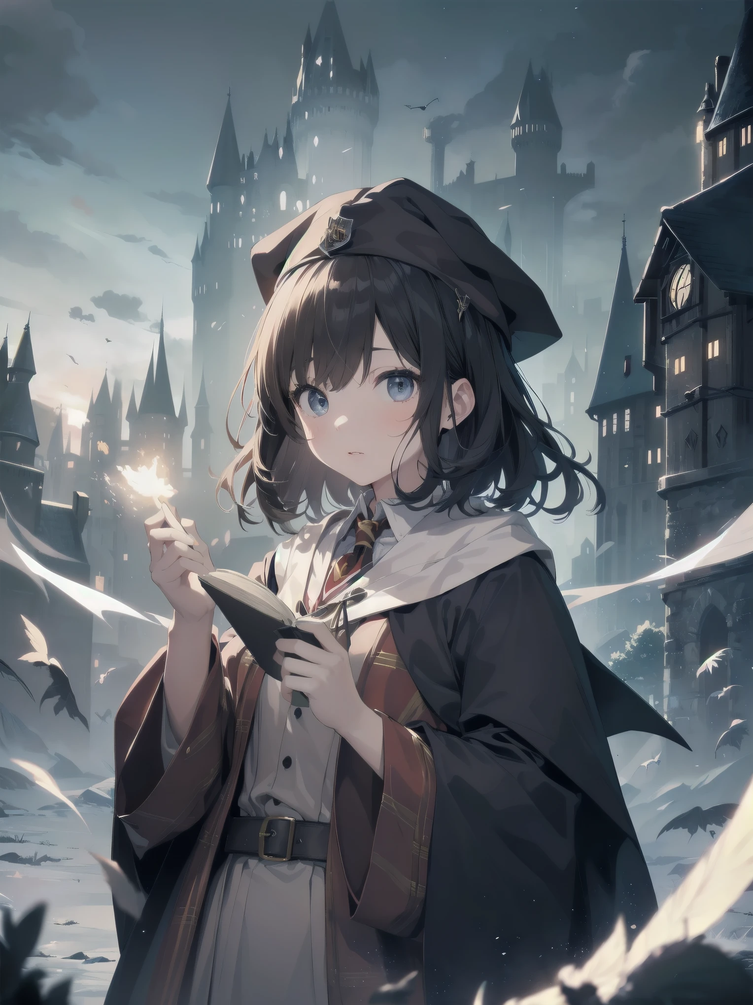 Masterpiece, Top Quality, Absurd, High Resolution, Subject Seismic, Animation Style Illustration with Mock Pause, 1 Girl, Solo, Cute random hairstyle, beautiful random expression and face, random age, slender, random clothing for situation,wizard robes, wand, magical castle, owl, spell book, (Hogwarts: 1.2), magic, wonder, (Harry Potter inspired: 1.3), mysterious atmosphere, details