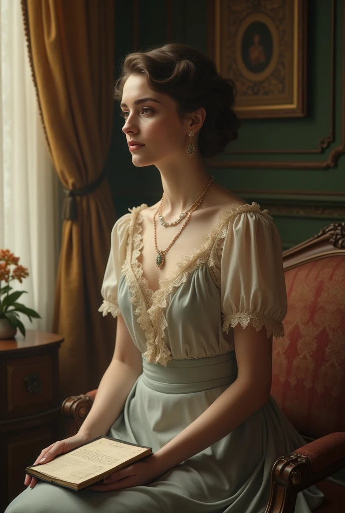 Realistic photography, beautiful woman (Modern Green Victorian Dress:1.2)