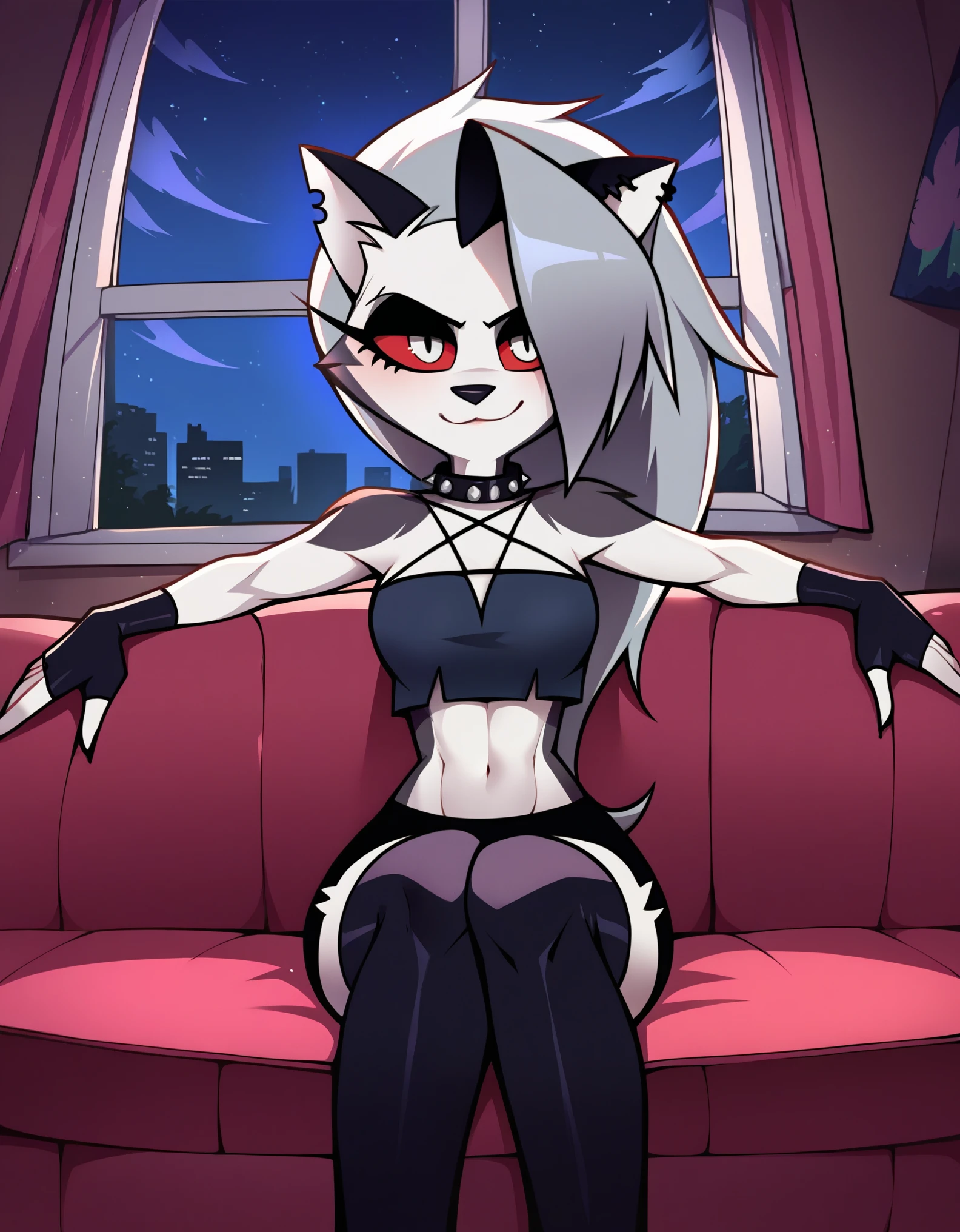 score_9,score_8_up,score_7_up, anime artwork, 2d, jizoku, Expressiveh, (source_anime), raytracing, rating_questionable, rating_safe, solo,1girl,mature female,milf,medium breasts,toned,furry,loona \(helluva boss\), indoors,apartment,living room,night,night sky, black miniskirt,black thighhighs,studded collar,dark blue crop top,fingerless gloves, absurdres, cowboy shot,looking at viewer,cute,attractive, eye contact,sitting,on couch,spread arms,smug, . anime style,vibrant,studio anime,highly detailed