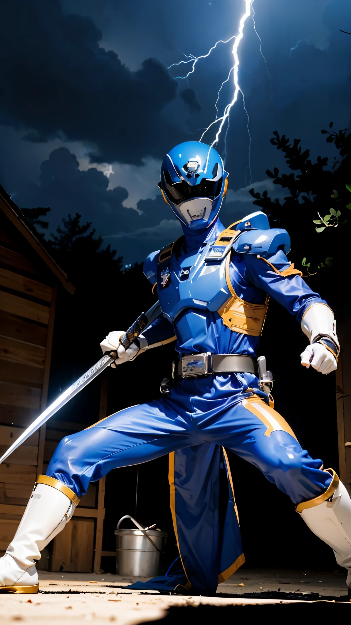 1boy, full body, Illustration, cinematic light, high resolution, best quality, ultra-detailed, masterpiece, power suit, powerranger, suit, spd, gold detail, ((silver suit)), thunder particle, lightning,  ((Samurai inspired pose))