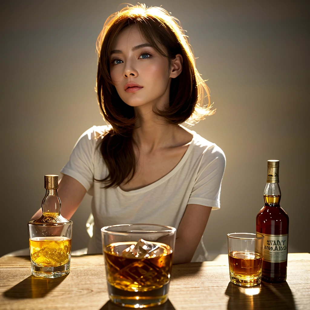 Drinking whiskey alone、Beautuful Women、Bob Hair、((top-quality、8K、masterpiece:1.3))、