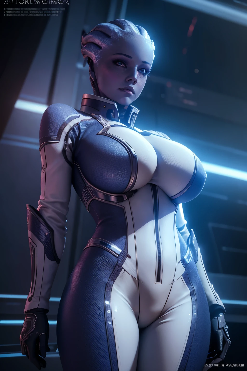 liara, asari, woman wearing futuristic suit in spaceship, facing camera, 24mm, 4k textures, soft cinematic light, adobe lightroom, photolab, hdr, intricate, elegant, highly detailed, sharp focus, ((((cinematic look)))), soothing tones, insane details, intricate details, hyperdetailed, low contrast, soft cinematic light, dim colors, exposure blend, hdr, faded, 