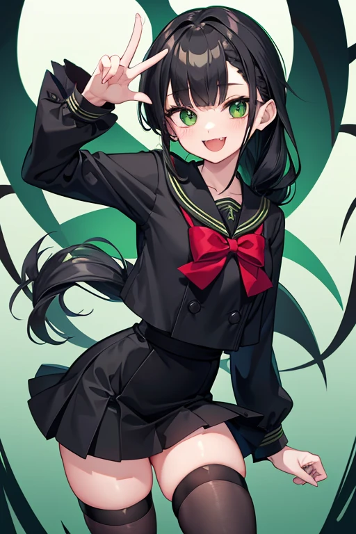 Vampire, green ribbon sailor shirt, green eyes, black skirt, black hair, french braid, black thighhighs, fangs, mischievous smile