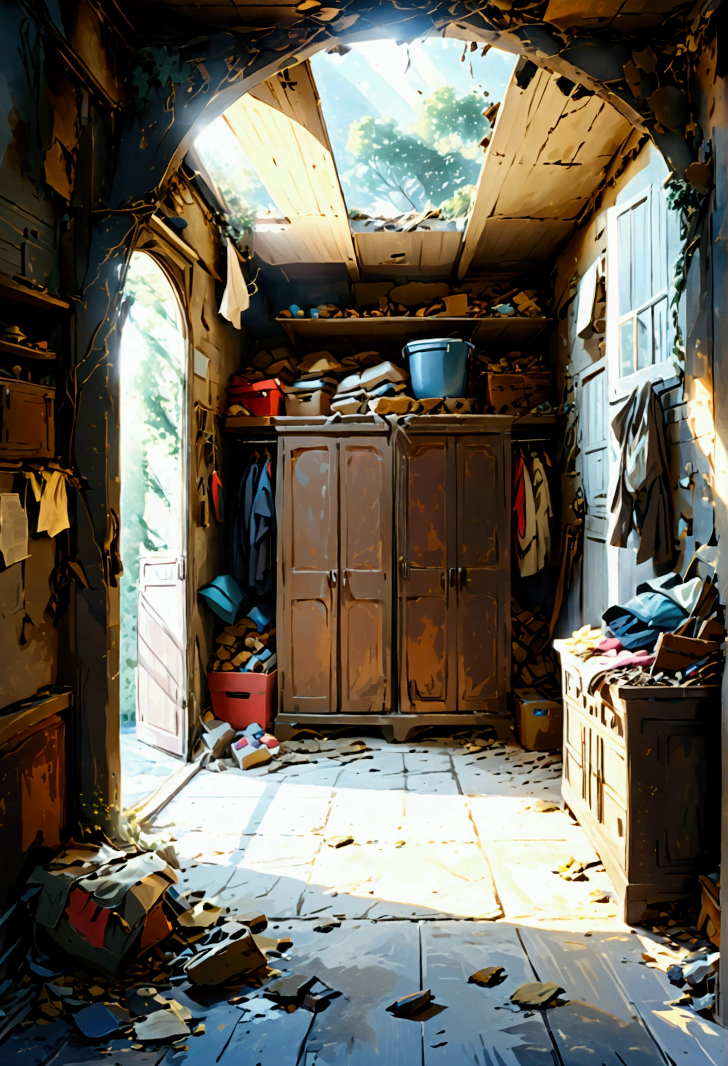 Comic style，classical, villa,storehouse，Utility Room，Dim light，Heaped with debris，Full of goods，Contains a wardrobe，The room has no doors or windows