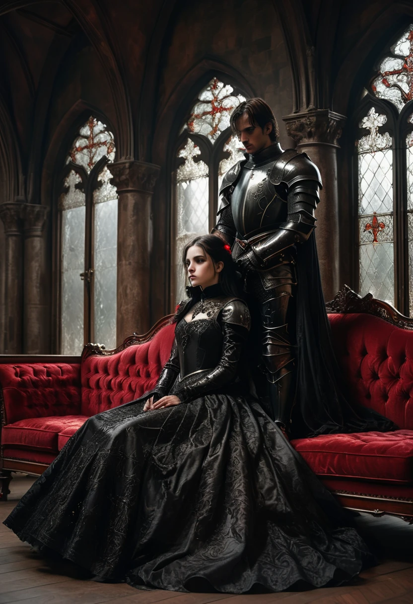 1girl and 1men,princess and knight,gothic-style scene featuring a knight in dark, ornate armor standing next to a woman seated on a luxurious red velvet sofa. The knight’s armor is detailed with intricate engravings, giving it a regal yet foreboding appearance. The woman is dressed in an elegant black Victorian gown, her expression serene and mysterious. The setting is a grand, dimly lit room with tall, arched windows casting soft light on the scene, and the gothic architecture adds to the dark, dramatic atmosphere. The knight stands protectively beside her, soul knight,evoking a sense of power and intensity, "goth girls" style