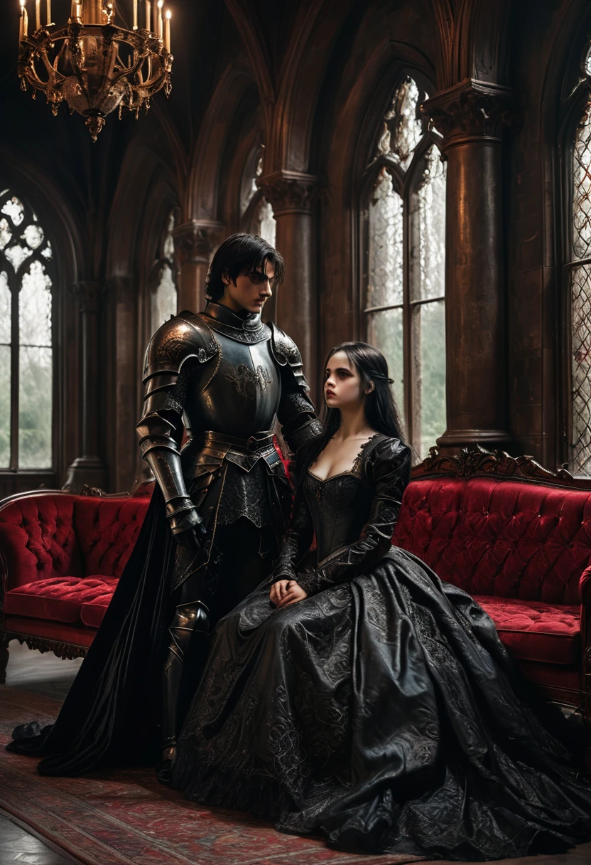 1girl and 1men,princess and knight,gothic-style scene featuring a knight in dark, ornate armor standing next to a woman seated on a luxurious red velvet sofa. The knight’s armor is detailed with intricate engravings, giving it a regal yet foreboding appearance. The woman is dressed in an elegant black Victorian gown, her expression serene and mysterious. The setting is a grand, dimly lit room with tall, arched windows casting soft light on the scene, and the gothic architecture adds to the dark, dramatic atmosphere. The knight stands protectively beside her, soul knight,evoking a sense of power and intensity, "goth girls" style