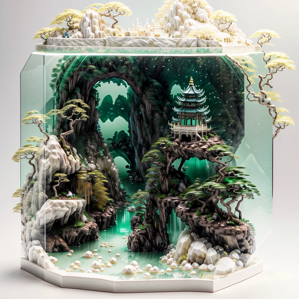 Reality,3D Rendering,Practical,miniature,Bonsai in a box，Palace on the moon， Golden,Golden decoration,圆环 LED 柔性Light Strip,Fluorescent lamp,floating,内部Luminescence,Luminescence,Texture of emerald and gemstones,(((jin shan))),(Waters),Golden Pavilion,plant,Jade and Jade Jewelry,Pure pearls, (Golden auspicious clouds:1.1),Giant trees,Light Strip,Mountain Road,Light Strip,Backlight,Transparent acrylic,edgBunny:1.2