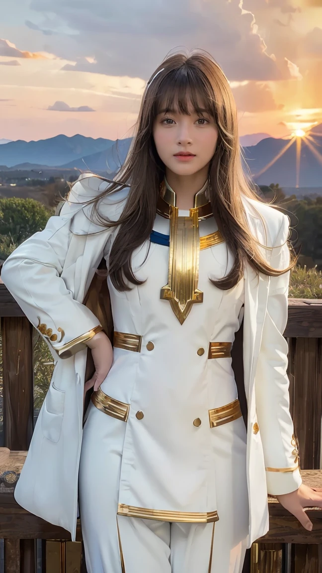 ((Masterpiece, best quality, very detailed), Volumetric light, surrounding occlusion, Rich and colorful, glow), 1 woman, lonely, young girl, (Brown bangs), long hair, radius, radius, sacred, goddess, Priesthood, (White suit with gold trim:1.3), armor, outdoor, sunset, sky, cloud, space, (Fantasy Theme:1.2),