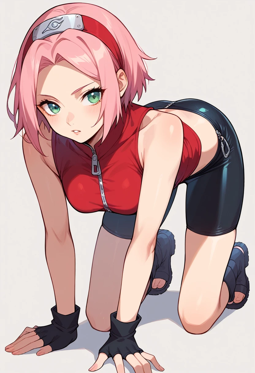 sakura haruno, sexy, on all fours, short hair, green eyes, pink hair, parted bangs, hairband, forehead protector, gloves, green eyes, sleeveless, black gloves, red shirt, zipper, boots, bike shorts, zipper, toeless footwear, slender-body, thin. sexy, on all fours on her elbows.