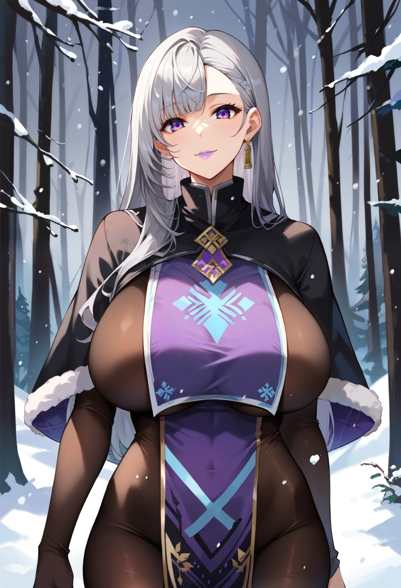 masterpiece, score_9, score_8_up, score_7_up, source_anime, best quality, extremely detailed, 1girl, milf, solo, vestiadef, (huge breasts), ((((gray hair), long hair, asymmetrical bangs, purple eyes))), purple lips, (((bodystocking, tabard))), ((light smile), closed mouth), ((forest, winter, snowing))