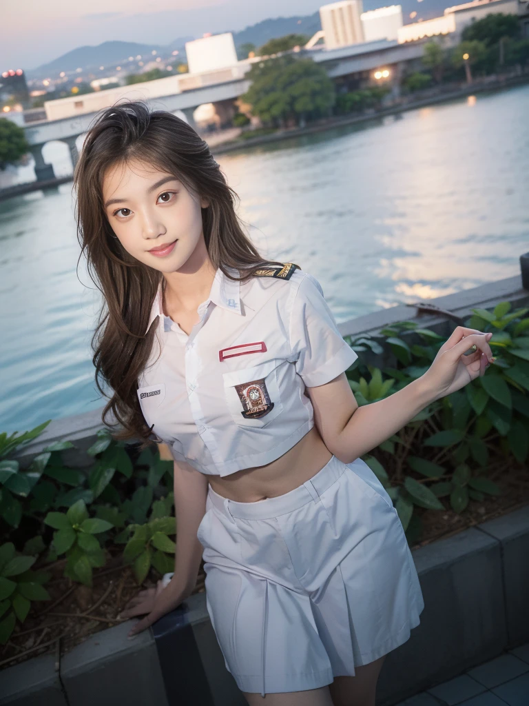 1girl, solo, 1 girl, (Indonesian_high_school_uniform), standing, outdoors, night view, detailed Metropolitan city at the background, (Overhead view:1.35), (zoom out: 1.1), detailed face, cute little smile, detailed eyes, thick breasts, six pack abs, smooth realistic skin, semi-curvy body, white shirt, blue grey hot short skirt, looking at the audience, (8k, RAW photo, best quality, masterpiece: 1.3), (realistic, realistic: 1.37), ultra-high resolution