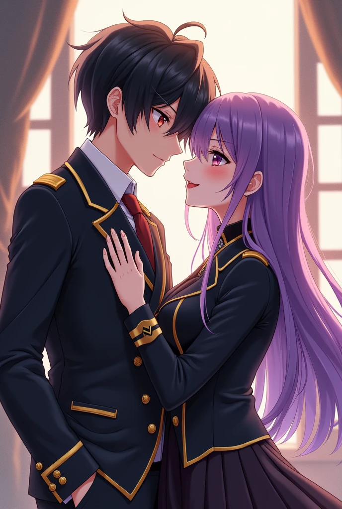 1 boy,Girl with purple and white gradient double braids,romantic couple,Smiling Face,as thick as thieves,Background blur,high quality,Artistic sense,cinematic atmosphere,Luxury lighting