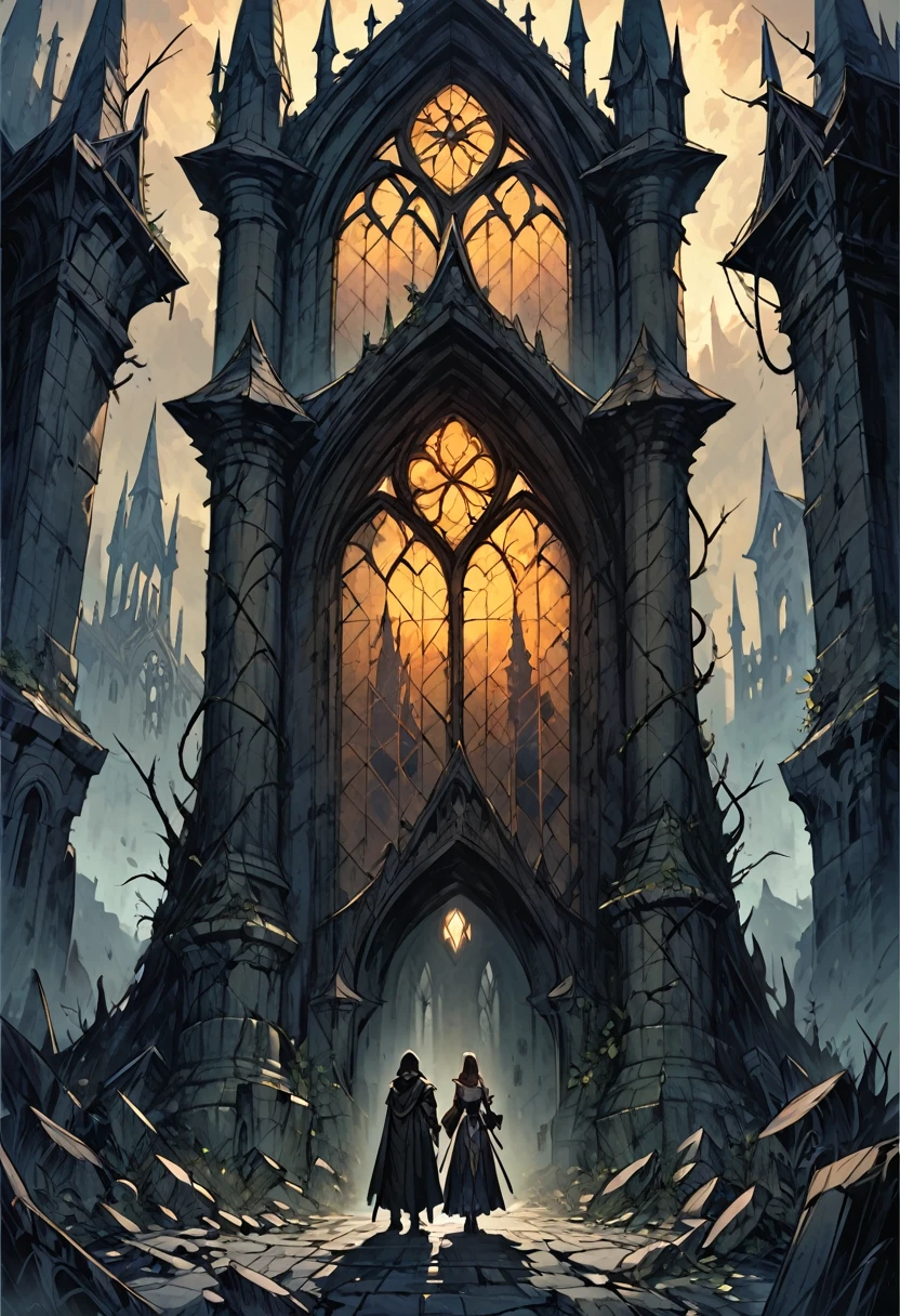 dark fantasy scene of two characters dressed in medieval-style clothing, standing in a ruined, ancient cathedral. The man and woman are holding an old, magical tome, their expressions serious as they study its dark secrets. The once-beautiful stone arches of the cathedral are now overgrown with twisted vines and dark shadows, with faint, eerie light seeping through cracked stained-glass windows. Gargoyle statues and crumbling pillars surround them, and the atmosphere is filled with a sense of ancient magic and impending doom. The sky outside is clouded, casting a muted, cold light over the scene as dark, mysterious forces loom in the distance