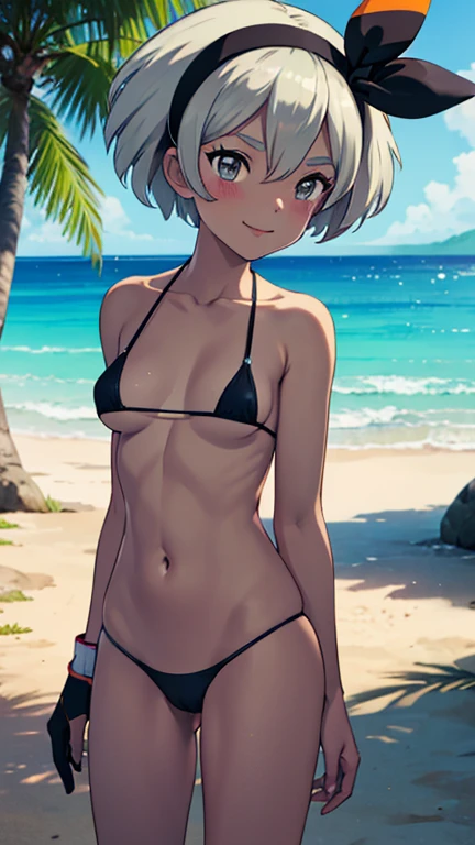 ((masterpiece,best quality)), absurdres,
bea (pokemon), micro bikini, microbikini, wedged in vulva, lowleg, 
solo, smiling, blushing, looking at viewer, cowboy shot, ghibli style 
cinematic composition, 
tropical beach, silver hair, short hair, hairband, single glove,   