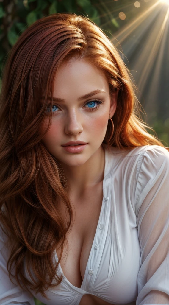 ((very detailed face)), ((masterpiece)), ((sunlight through hair)), bright background, caucasian girl, long red hair, blue eyes, huge breasts, half body portrait, blushing, looking at viewer seductively, wearing tight white blouse