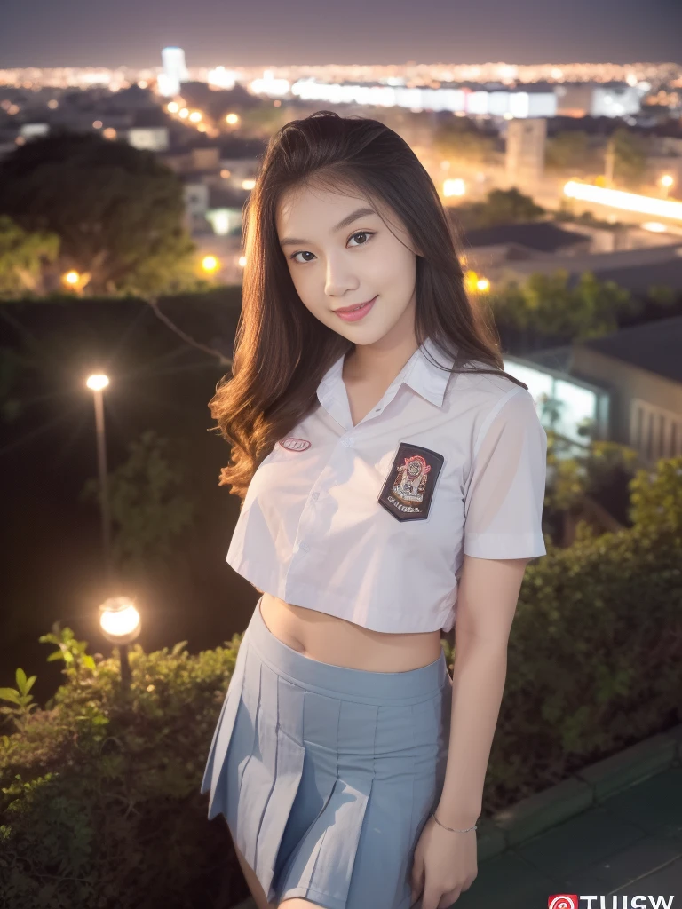 1girl, solo, 1 girl, (Indonesian_high_school_uniform), standing, outdoors, night view, detailed Metropolitan city at the background, (Overhead view:1.35), (zoom out: 1.1), detailed face, cute little smile, detailed eyes, thick large breasts, six pack abs, smooth realistic skin, semi-curvy body, white shirt, blue grey hot short skirt, looking at the audience, (8k, RAW photo, best quality, masterpiece: 1.3), (realistic, realistic: 1.37), ultra-high resolution