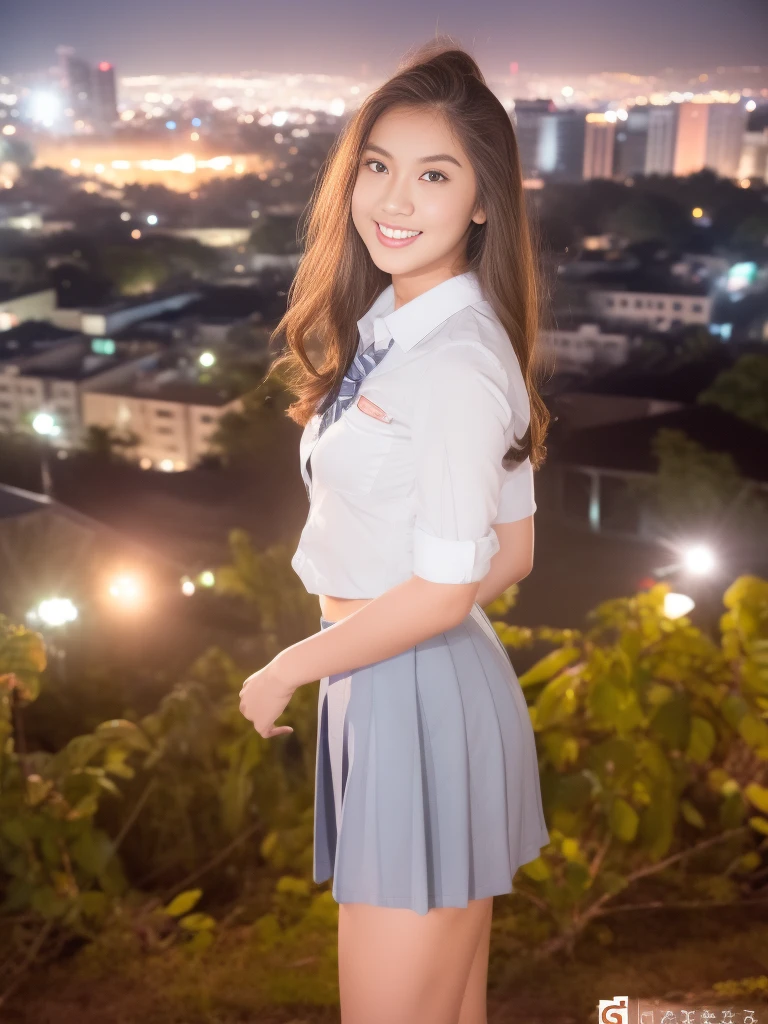 1girl, solo, 1 girl, (Indonesian_high_school_uniform), standing, outdoors, night view, detailed Metropolitan city at the background, (Overhead view:1.35), (zoom out: 1.1), detailed face, cute little smile, detailed eyes, thick large breasts, six pack abs, smooth realistic skin, semi-curvy body, white shirt, blue grey hot short skirt, looking at the audience, (8k, RAW photo, best quality, masterpiece: 1.3), (realistic, realistic: 1.37), ultra-high resolution