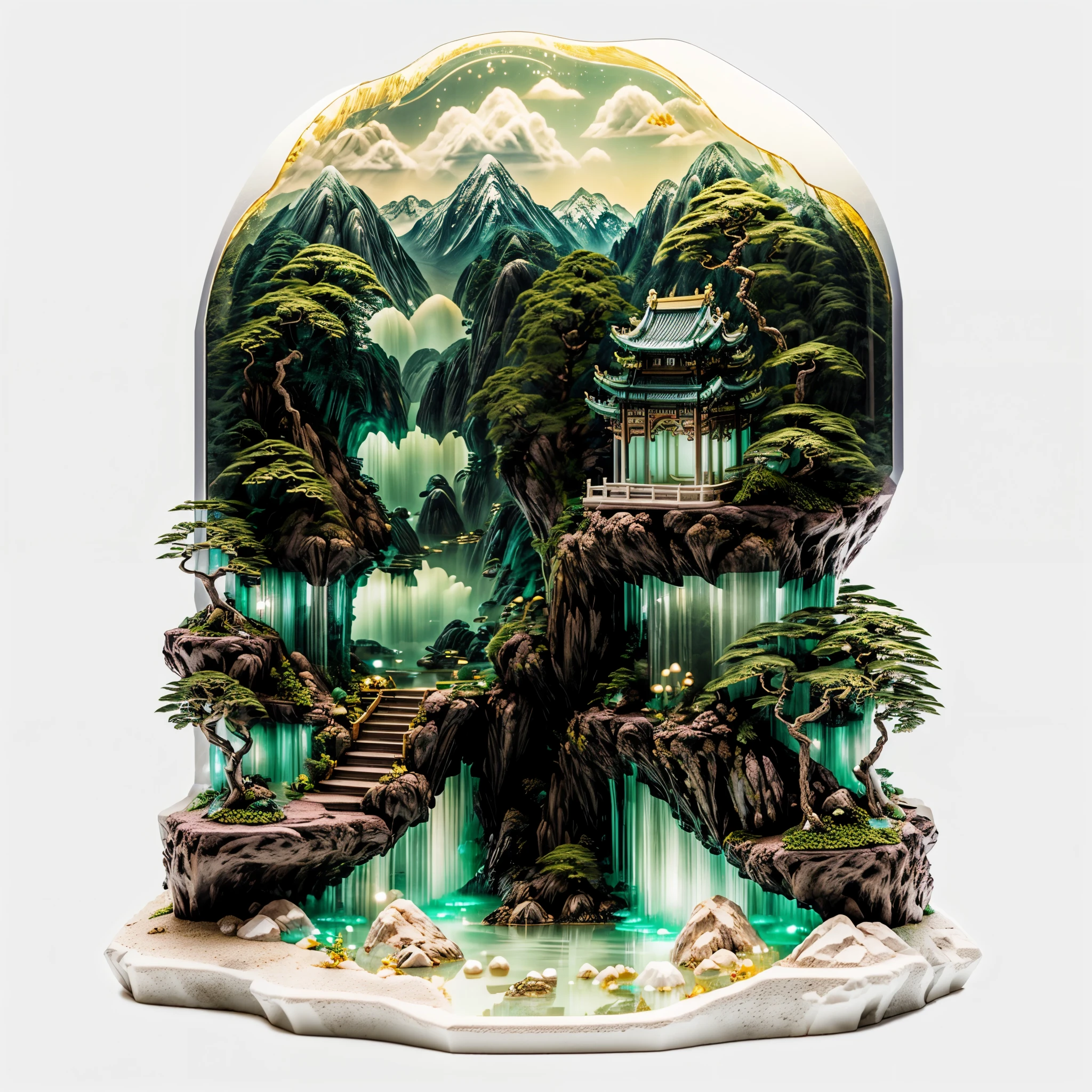 Reality,3D Rendering,Practical,miniature,Bonsai in a box，Palace on the moon， Golden,Golden decoration,圆环 LED 柔性Light Strip,Fluorescent lamp,floating,内部Luminescence,Luminescence,Texture of emerald and gemstones,(((jin shan))),(Waters),Golden Pavilion,plant,Jade and Jade Jewelry,Pure pearls, (Golden auspicious clouds:1.1),Giant trees,Light Strip,Mountain Road,Light Strip,Backlight,Transparent acrylic,edgBunny:1.2