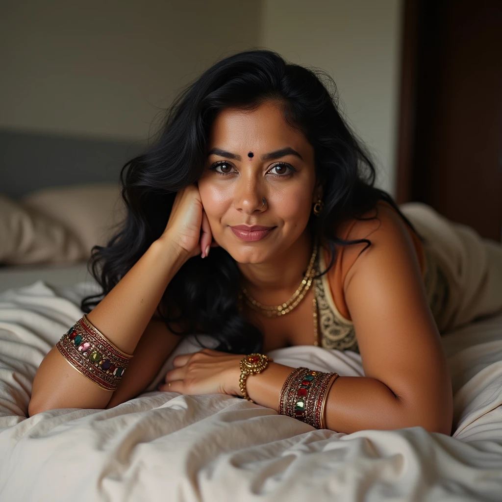 ultrarealistic hires long shot photo of a nude 30-year-old sai pallavi woman,nipple show,pussy show , laying in bed, realistic skin texture, looking looking at camera,