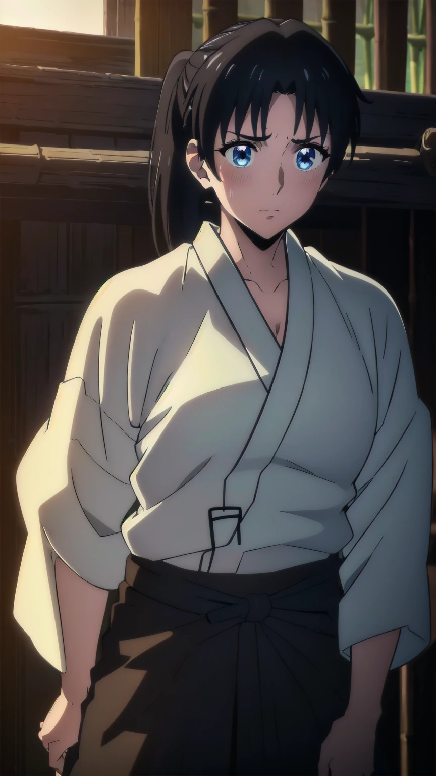 ((((brown hakama、Bright lighting、holding a bamboo sword、kimono))))、(Loincloth、Big Breasts、Looking down、Sweat、Turning away)、Highest quality, High resolution、Big Breasts、Sad expression、Browsing Caution、white breath、A shy look、shame、Humiliating、unfortunate、blush、Sweaty、White skin、((Cowboy Shot))Black Hairゴム、Kaoru、Blue eyes, Black Hair, ponytail , BREAK looking at viewer, BREAK outdoors, BREAK (Tabletop:1.2), (Beautiful detaileded eyes:1.6), extra detaileded face, Perfect lighting, (Perfect hands, Perfect Anatomy)、Mature Woman、Large areola、(masterpiece、Highest quality)、 超High resolution, (Realistic:1.4),(Realistic:1.4)、 (超High resolution:1.2), High resolution、A perfect masterpiece, Highest quality, family friendly, Soft dim lighting, addition_detailed, Good lighting、A highly detaileded、Highly detaileded CG Unity 8K wallpapers、Raising awareness、((beautifull detaileded face))、Side lighting、((Raising awarenessnbest))、Highly detaileded eyes、Perfect lighting、(1 person)、Focus Only、Glowing Skin
