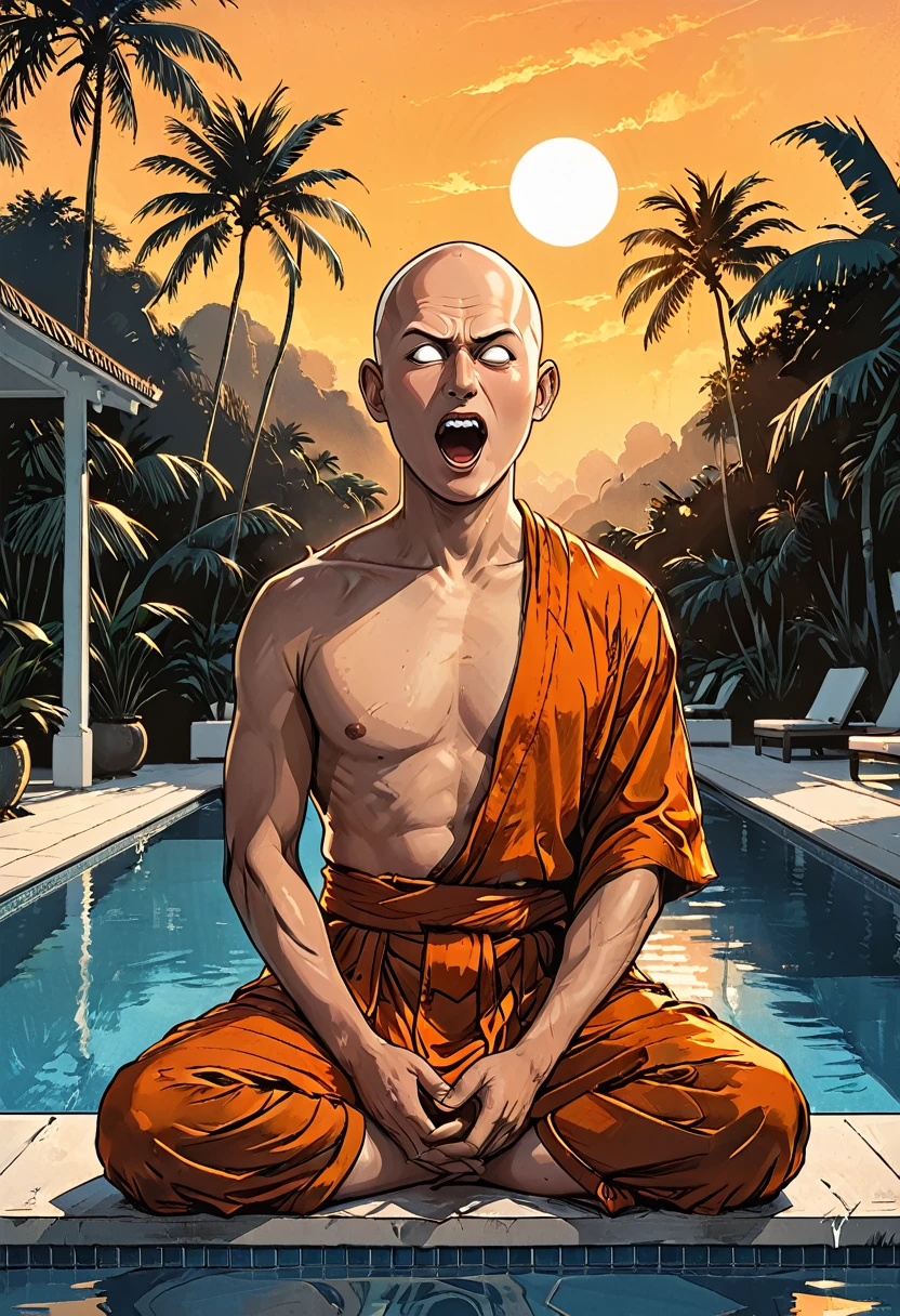 ((open mouth)),(sunrise),portrait blind Buddhist monk sitting with open mouth next to the pool at the white hotel, tropical, palm, white hotel, pool, round face, white eyes, no eyebrows, no hair, bald, paw-eared, round cheeks, narrow lips, man, white sclera eyes, Whitewash Eyes, ((orange Kashaya)), graphic style of novel comics, perfect hands, 2d,
8k, hyperrealism, masterpiece, high resolution, best quality, ultra-detailed, super realistic, Hyperrealistic art, high-quality, ultra high res, highest detailed, lot of details, Extremely high-resolution details, incredibly lifelike, colourful, soft cinematic light,
