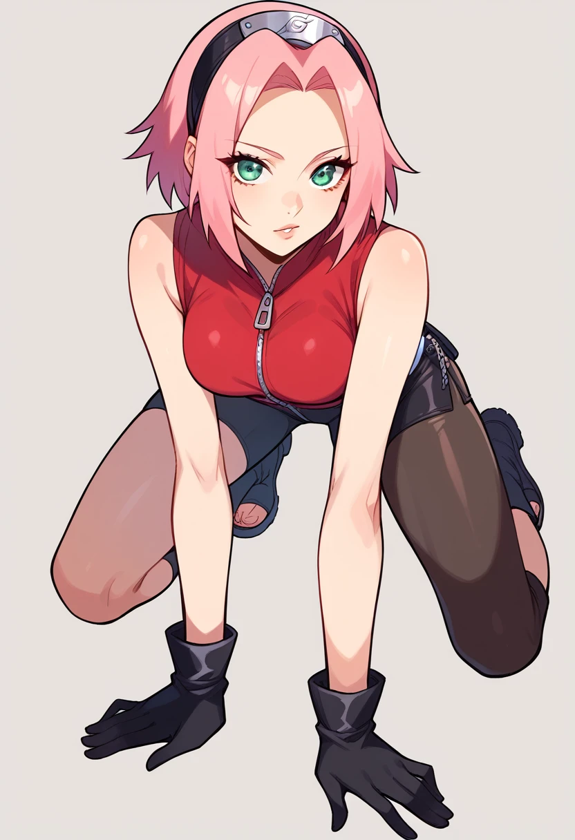 sakura haruno, sexy, on all fours, short hair, green eyes, pink hair, parted bangs, hairband, forehead protector, gloves, green eyes, sleeveless, black gloves, red shirt, zipper, boots, bike shorts, zipper, toeless footwear, slender-body, thin. sexy, on all fours on her elbows.