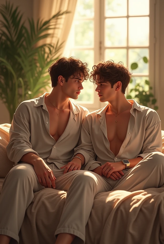 (photorealism:1.2), beautiful men, sitting on bed, wearing loose off-shoulder top, naked, long curly hair, indoors,big dick, soft lighting, plants in background, window with sunlight, cozy room, relaxed pose, realistic, intricate details, warm colors, by Greg Rutkowski, by Alphonse Mucha