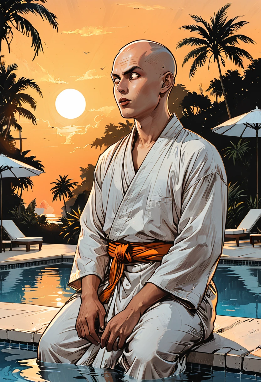 ((profile angele)),((open mouth)),(sunrise),profile portrait blind Buddhist monk sitting with open mouth next to the pool at the white hotel, tropical, palm, white hotel, pool, round face, white eyes, no eyebrows, no hair, bald, paw-eared, round cheeks, narrow lips, man, white sclera eyes, Whitewash Eyes, ((orange Kashaya)), graphic style of novel comics, perfect hands, 2d, 8k, hyperrealism, masterpiece, high resolution, best quality, ultra-detailed, super realistic, Hyperrealistic art, high-quality, ultra high res, highest detailed, lot of details, Extremely high-resolution details, incredibly lifelike, colourful, soft cinematic light,