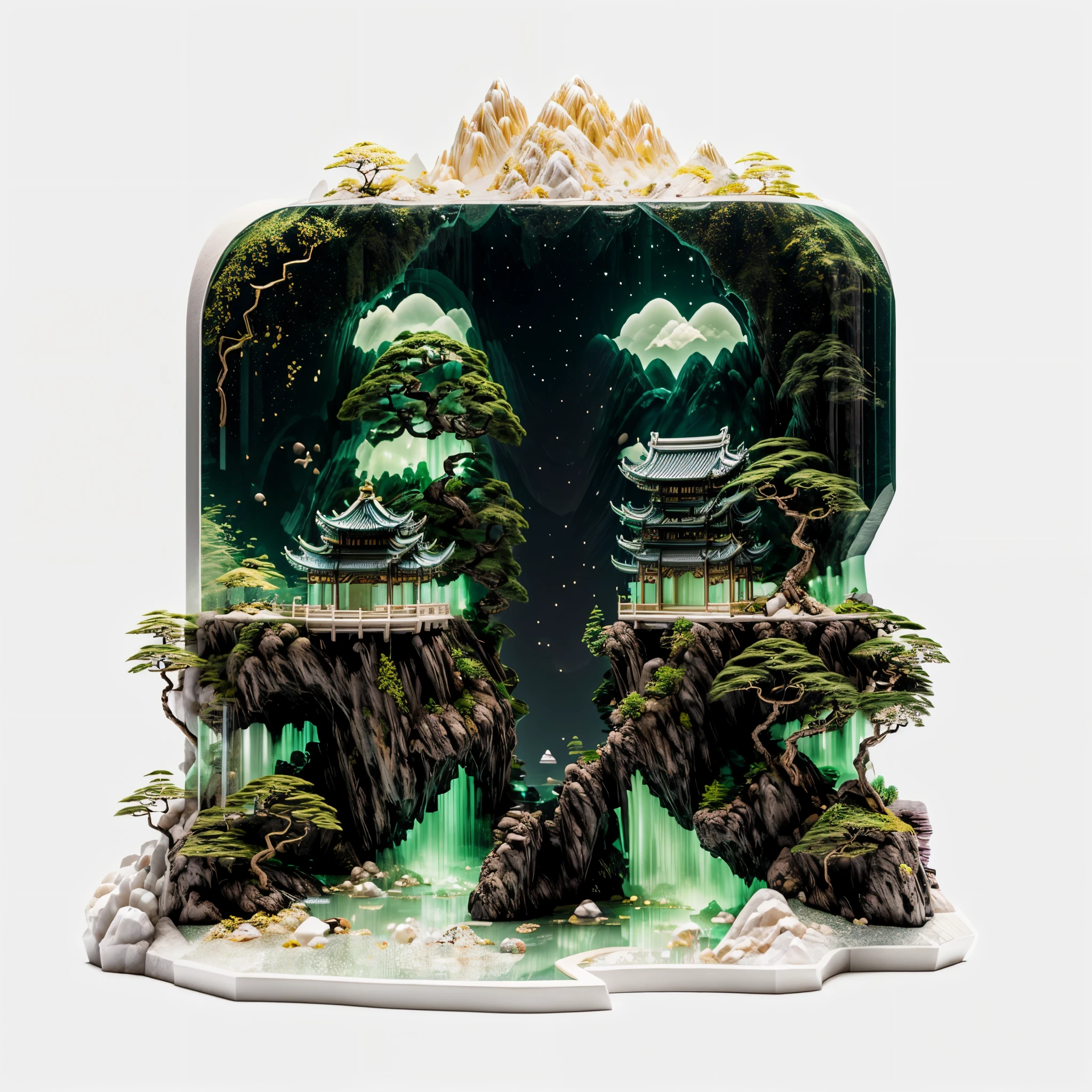 Reality,3D Rendering,Practical,miniature,Bonsai in a box，Palace on the moon， Golden,Golden decoration,圆环 LED 柔性Light Strip,Fluorescent lamp,floating,内部Luminescence,Luminescence,Texture of emerald and gemstones,(((jin shan))),(Waters),Golden Pavilion,plant,Jade and Jade Jewelry,Pure pearls, (Golden auspicious clouds:1.1),Giant trees,Light Strip,Mountain Road,Light Strip,Backlight,Transparent acrylic,edgBunny:1.2