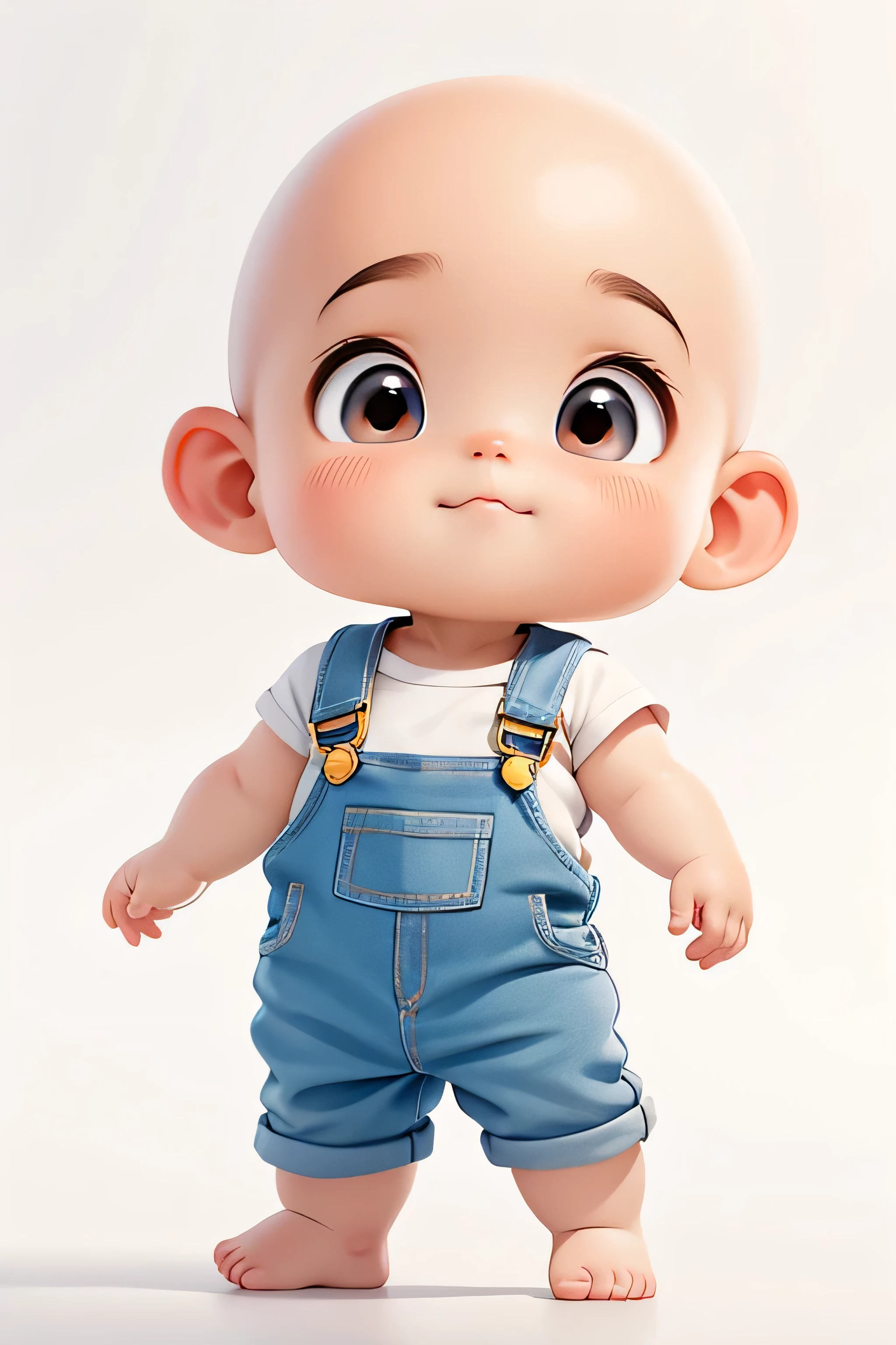 Cute cartoon characters，baby，Baldhead，Wearing overalls，Wearing a T-shirt inside，Character is barefoot，Strike playful and cute poses，front，White background