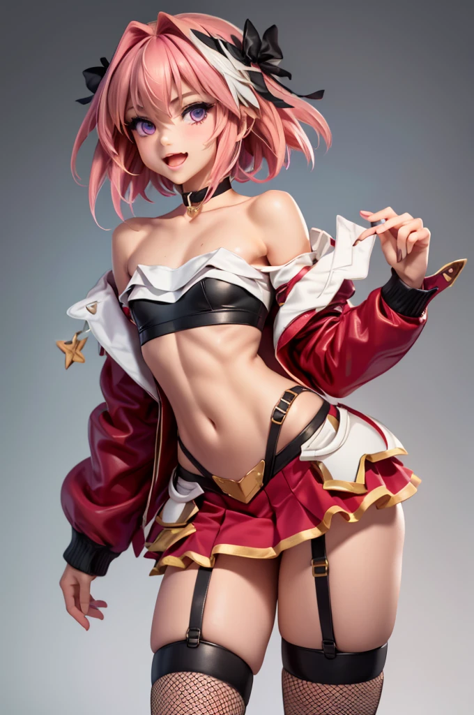 masterpiece、Highest quality、astolfo, Beautiful and slim perfect body, rasgos muy females, cuerpo female sexy muy delgado, flat chest, not breasts, very innocent smile, bright pink hair, spiky hair, short hair, a long braid, lock of white hair on left side, top that barely goes up the chest, off shoulder top, long fishnet stockings, female, small bulge in skirt, not penis, Eating an ice-cream, walking on forestt、Full body painting、 girl、Ultra-detailed illustrations、Perfect body、Perfect Style、Slender beauty、tall beautiful femboy、A cheerful smile、extremely cute and beautiful femboy、femboy、Poses provoking men、Heavy breathing、Expressions of rutting、Very delicate and beautiful face and eyes、Detailed and sophisticated eyes、Beautiful Eyes、Beautiful Hair、Beautiful messy pink short hair、alone, 1femboy in、Dynamic Angle、Full Shot、Wide Shota Star Piece, Highest quality, ,Tube top、Navel costume、hot skirt、Shorts、garter belt、Flight jacket、、Knee-high socks、Knee-high boots、 Long sleeve、Narrow waist、Shortsからはみ出る尻、Big Ass、Accentuated buttocks、Thin legs、